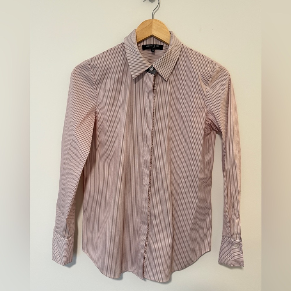 Lafayette 148 New York Women’s Striped Oxford Button Down Red and Gray.